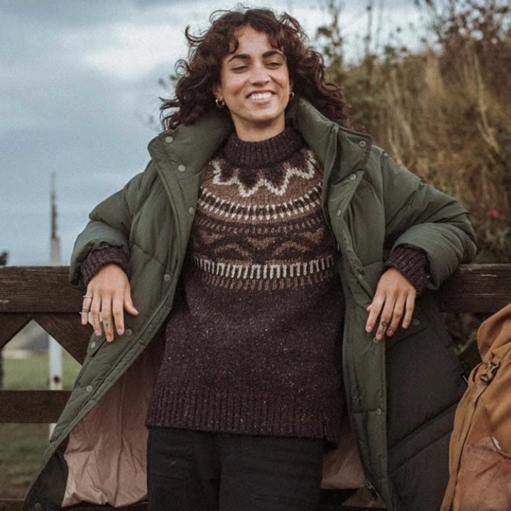Finisterre Porth Fair Isle Yoke Jumper in Burnt Umber/Caramel UK 8/ US4
